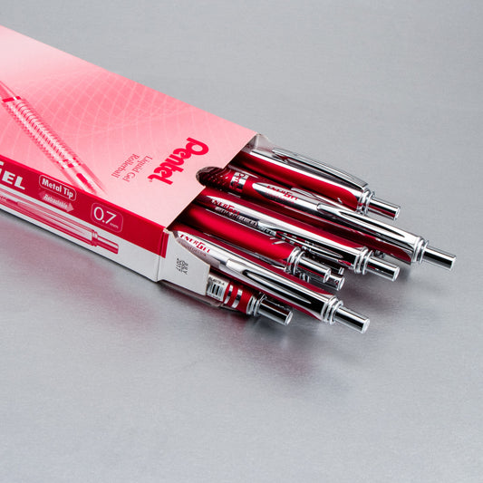 EnerGel Alloy Retractable Premium Liquid Gel Pen, (0.7mm) Metal Tip, Medium Line, Red Barrel, Black Ink (BL407B-A)