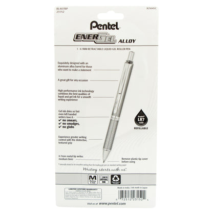 EnerGel Alloy Retractable Premium Liquid Gel Pen, (0.7mm) Silver Barrel, Black Ink 1-Pk (BL407BP)