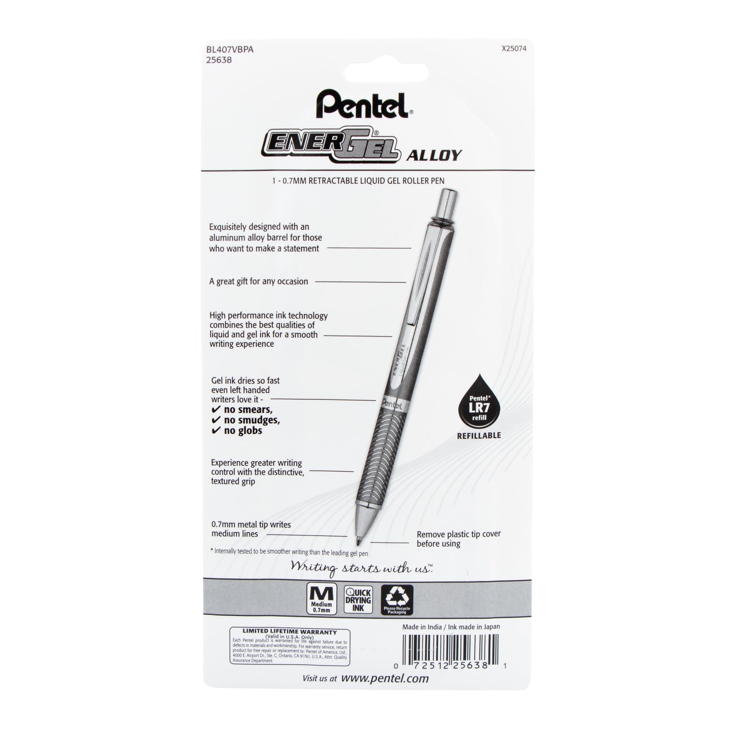 EnerGel Alloy Retractable Premium Liquid Gel Pen, (0.7mm) Metal Tip, Medium Line, Violet Barrel, Black Ink, 1-Pk (BL407VBPA)