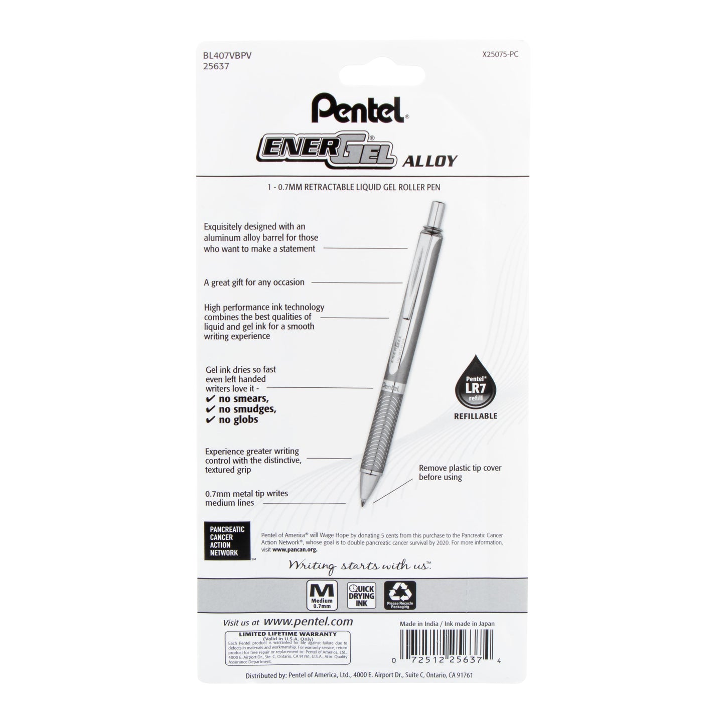 EnerGel Alloy Retractable Premium Liquid Gel Pen, (0.7mm) Metal Tip, Medium Line, Violet Barrel, Violet Ink, 1-Pk (BL407VBPV)