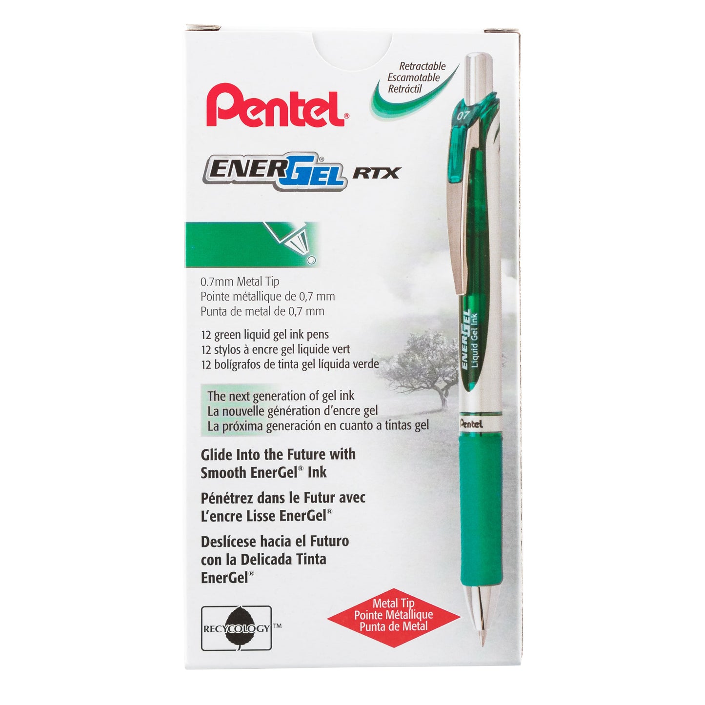 EnerGel RTX Retractable Liquid Gel Pen, (0.7mm) Metal Tip, Medium Line,Green Ink (BL77-D)