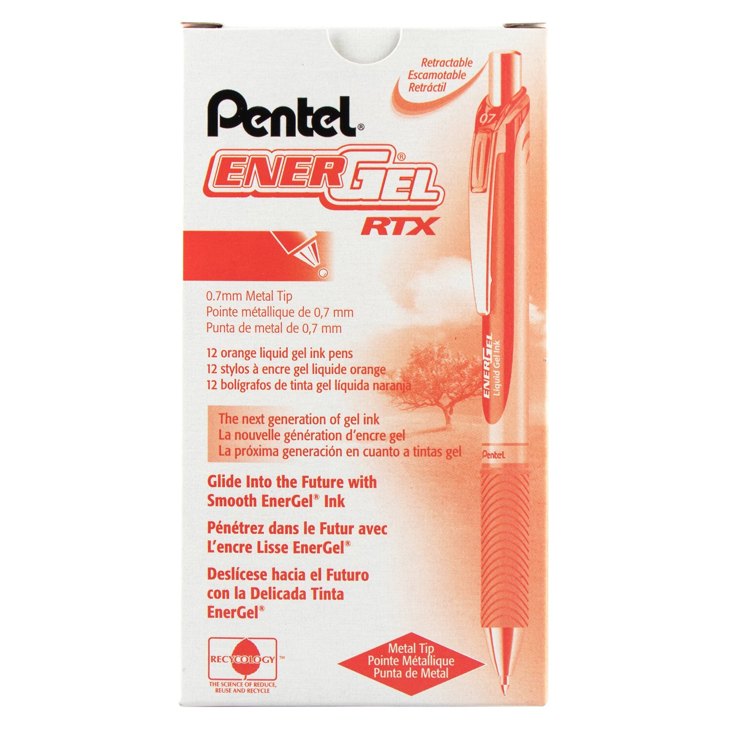 EnerGel RTX Retractable Liquid Gel Pen, (0.7mm) Metal Tip, Medium Line,Orange Ink (BL77-F)