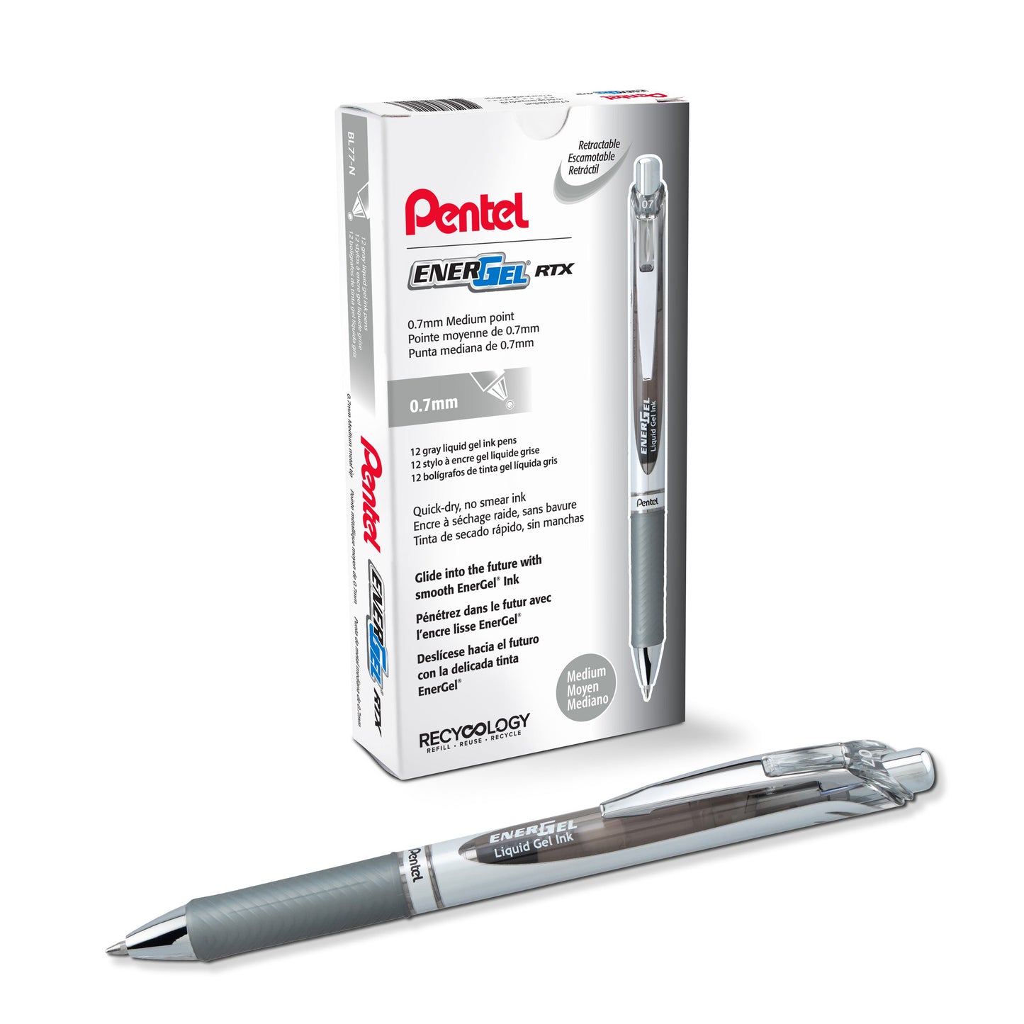 EnerGel RTX Retractable Liquid Gel Pen, (0.7mm) Medium line, Gray Ink (BL77-N)