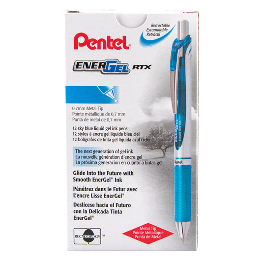 EnerGel RTX Retractable Liquid Gel Pen, (0.7mm) Metal Tip, Medium Line, Sky Blue Ink (BL77-S)