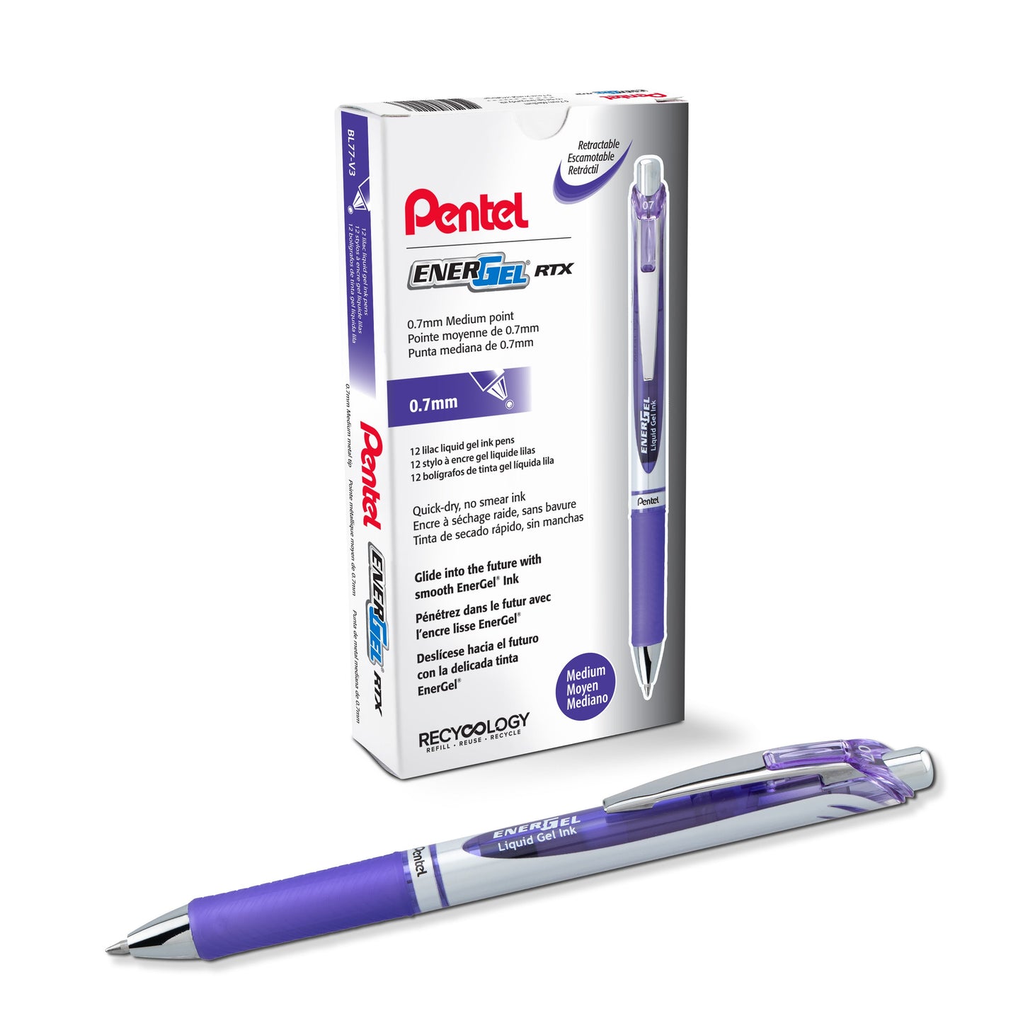 EnerGel RTX Retractable Liquid Gel Pen, (0.7mm) Medium line, Lilac Ink (BL77-V3)