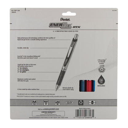 EnerGel RTX Retractable Liquid Gel Pen, (0.7mm) Medium Line, Assorted Ink (A/B/C/CA/D/E/F/K/P/S/S3/V),12-Pk (BL77BP12M)
