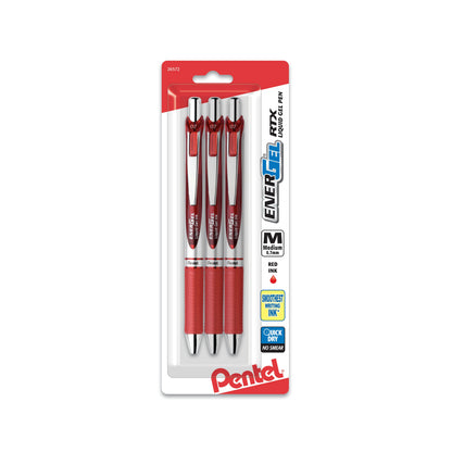 EnerGel RTX Retractable Liquid Gel Pen, (0.7mm) Metal Tip, Medium Line, Red Ink 3-Pk (BL77BP3B)