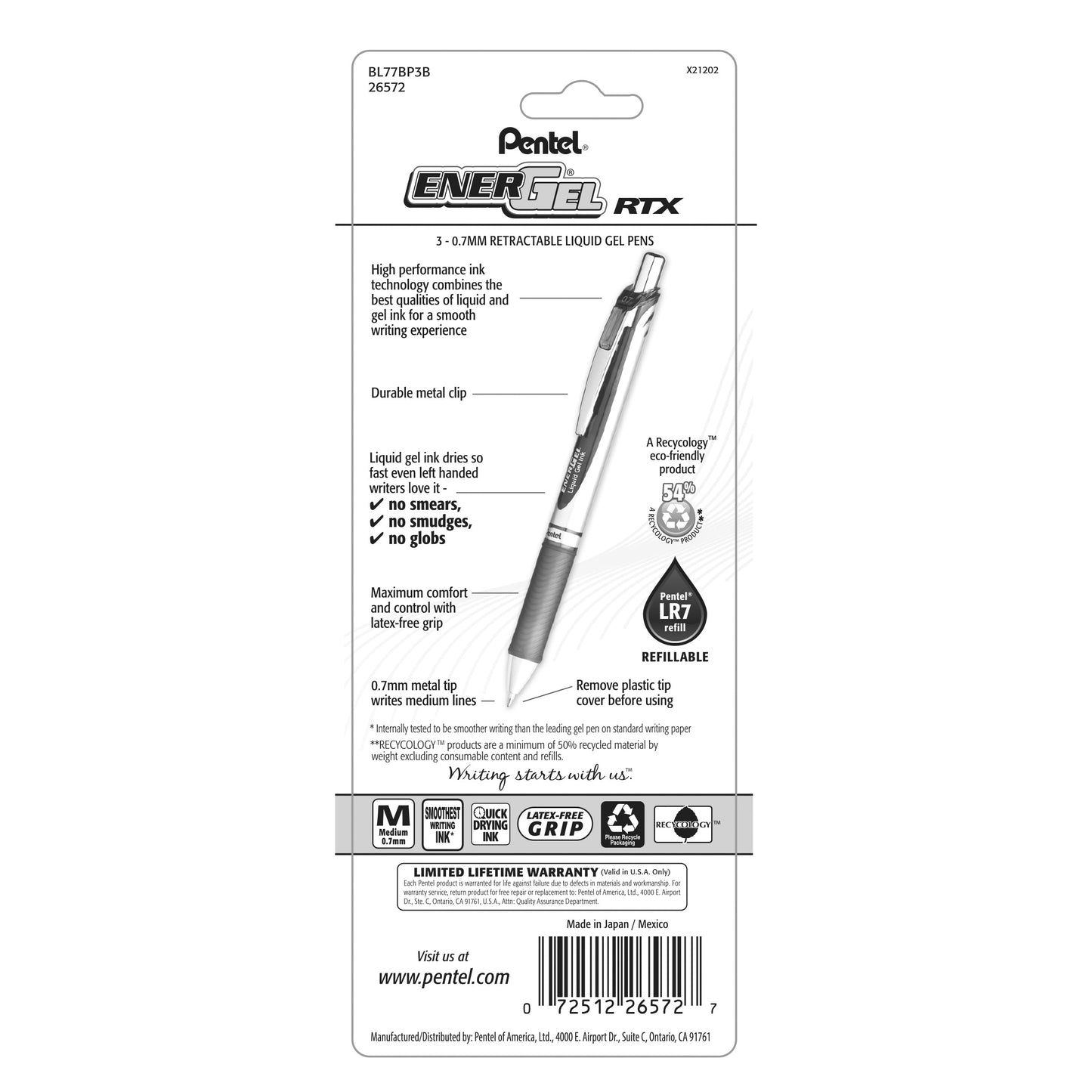 EnerGel RTX Retractable Liquid Gel Pen, (0.7mm) Metal Tip, Medium Line, Red Ink 3-Pk (BL77BP3B)
