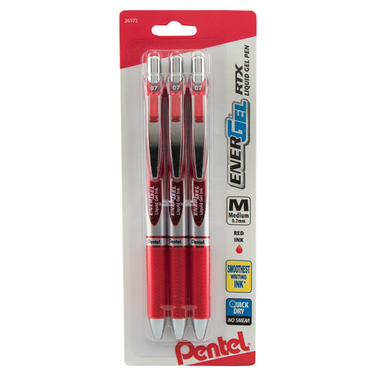 EnerGel RTX Retractable Liquid Gel Pen, (0.7mm) Metal Tip, Medium Line, Red Ink 3-Pk (BL77BP3B)