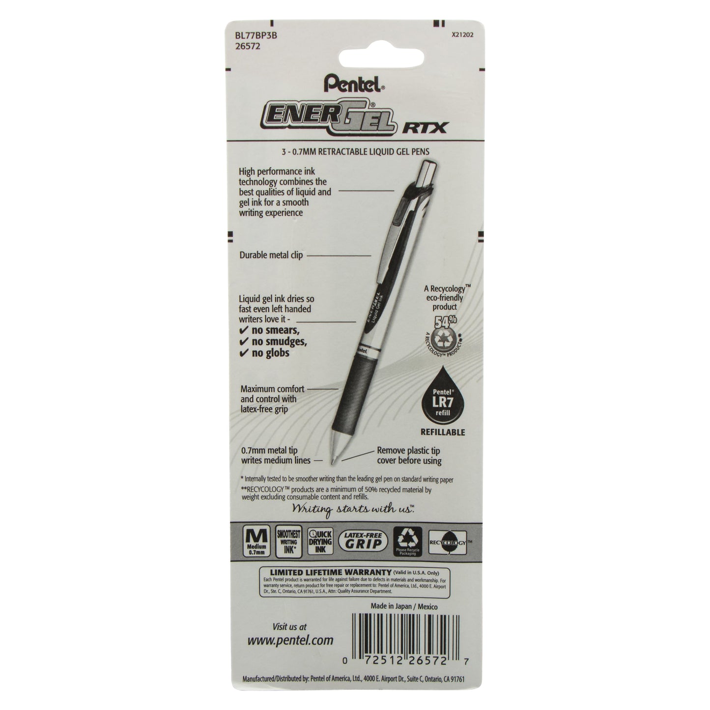 EnerGel RTX Retractable Liquid Gel Pen, (0.7mm) Metal Tip, Medium Line, Red Ink 3-Pk (BL77BP3B)