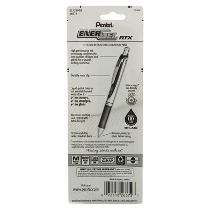 EnerGel RTX Retractable Liquid Gel Pen, (0.7mm) Metal Tip, Medium Line, Red Ink 3-Pk (BL77BP3B)