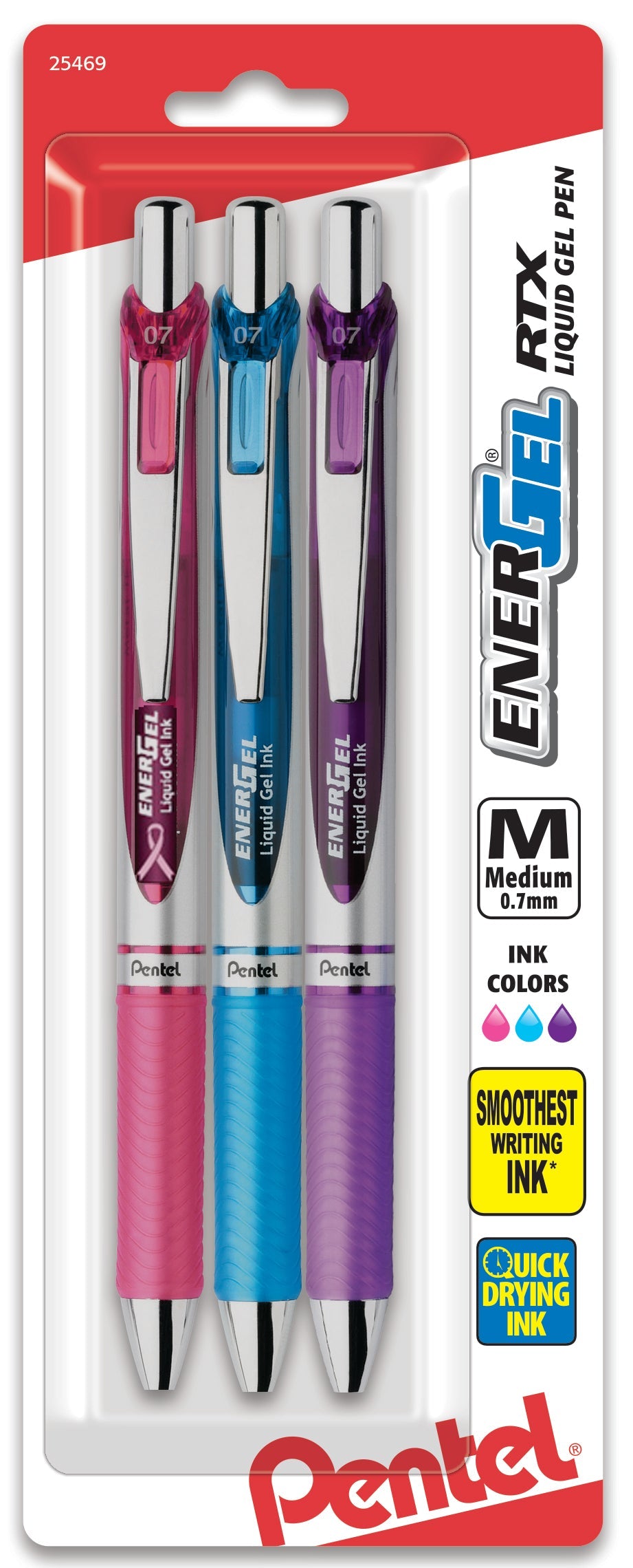 EnerGel RTX Retractable Liquid Gel Pen, (0.7mm) Metal Tip, Medium Line, Assorted Ink (P/S/V) 3-Pk (BL77BP3M1)