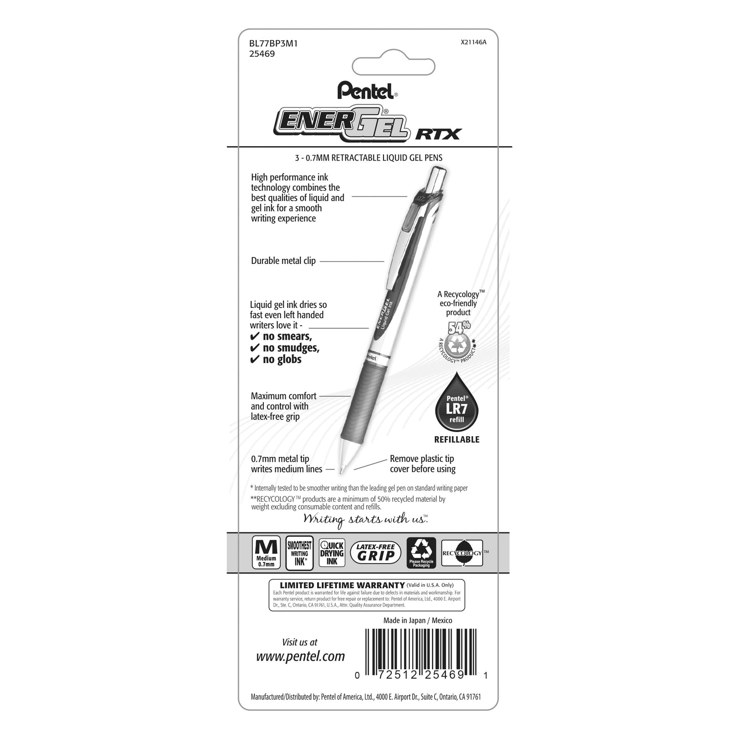 EnerGel RTX Retractable Liquid Gel Pen, (0.7mm) Metal Tip, Medium Line, Assorted Ink (P/S/V) 3-Pk (BL77BP3M1)