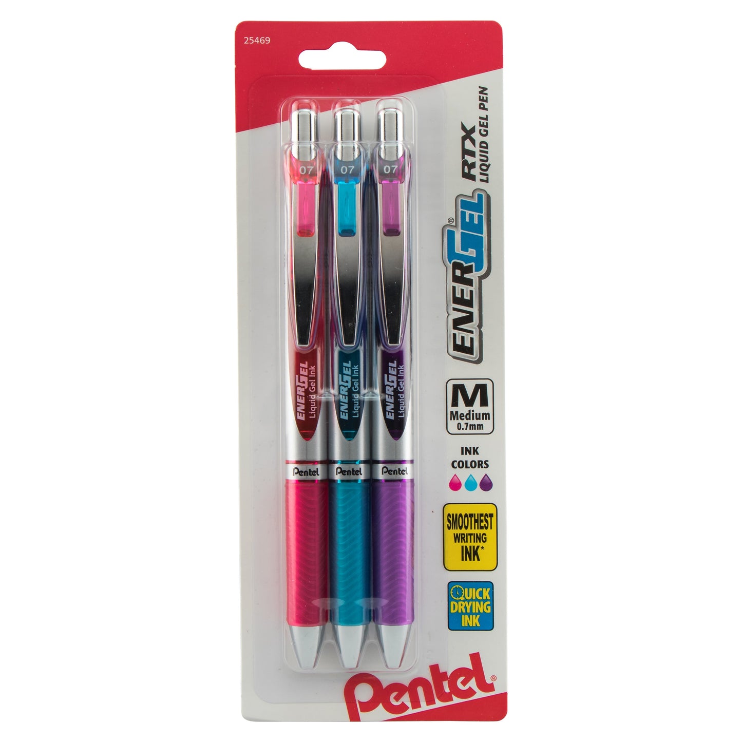 EnerGel RTX Retractable Liquid Gel Pen, (0.7mm) Metal Tip, Medium Line, Assorted Ink (P/S/V) 3-Pk (BL77BP3M1)