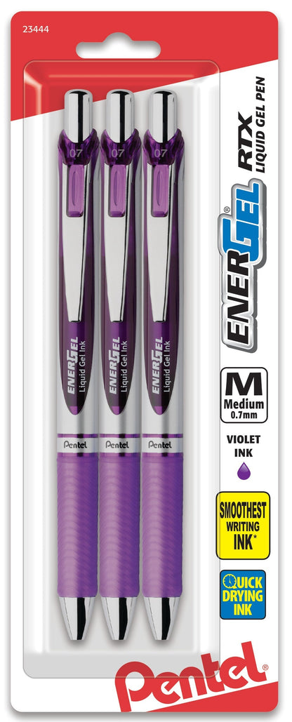 Pentel EnerGel RTX Retractable Liquid Gel Pen, (0.7mm) Metal Tip, Medium Line, Violet Ink 3-Pk (BL77BP3V), 144 Each