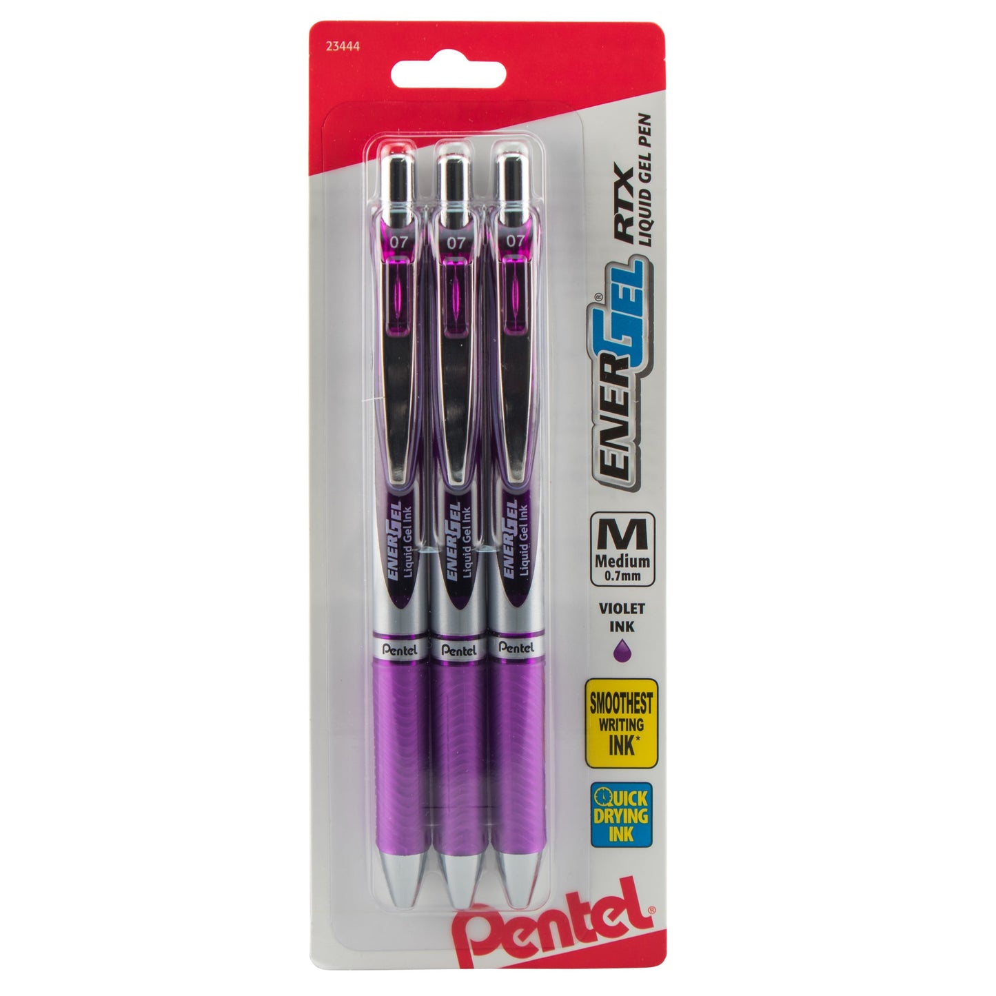 Pentel EnerGel RTX Retractable Liquid Gel Pen, (0.7mm) Metal Tip, Medium Line, Violet Ink 3-Pk (BL77BP3V), 144 Each