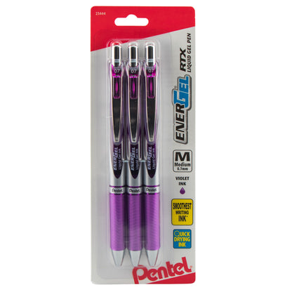 Pentel EnerGel RTX Retractable Liquid Gel Pen, (0.7mm) Metal Tip, Medium Line, Violet Ink 3-Pk (BL77BP3V), 144 Each