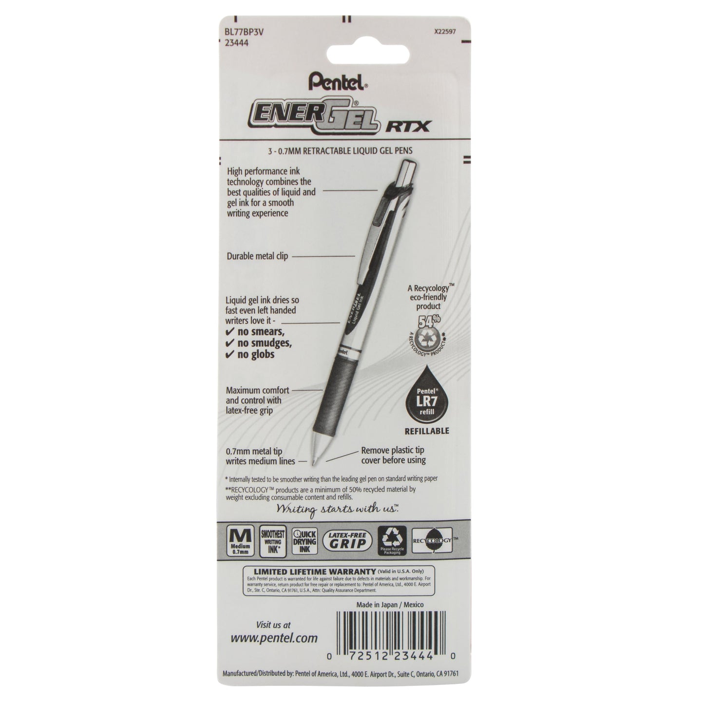 Pentel EnerGel RTX Retractable Liquid Gel Pen, (0.7mm) Metal Tip, Medium Line, Violet Ink 3-Pk (BL77BP3V), 144 Each