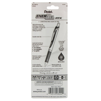 Pentel EnerGel RTX Retractable Liquid Gel Pen, (0.7mm) Metal Tip, Medium Line, Violet Ink 3-Pk (BL77BP3V), 144 Each
