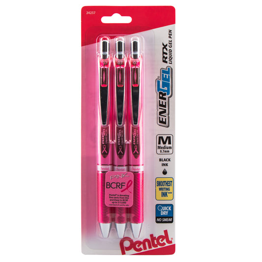 PINK BCA Ribbon EnerGel RTX Retractable Liquid Gel Pen, (0.7mm) Metal Tip, Medium Line,Pink Barrel, Black Ink, 3-Pk (BL77PBP3A-BC)