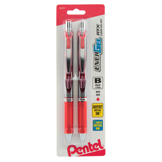 EnerGel RTX Retractable Liquid Gel Pen, (1.0mm) Metal Tip, Bold Line, Red Ink 2-Pk (BL80BP2B)