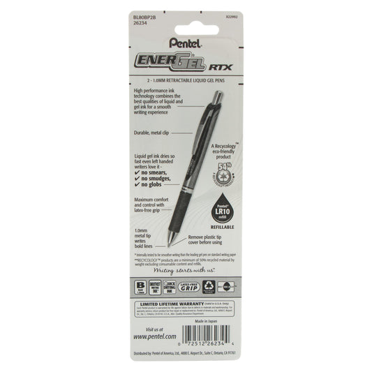 Pentel EnerGel RTX Retractable Liquid Gel Pen, (1.0mm) Metal Tip, Bold Line, Red Ink 2-Pk (BL80BP2B)