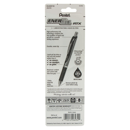 EnerGel RTX Retractable Liquid Gel Pen, (1.0mm) Metal Tip, Bold Line, Red Ink 2-Pk (BL80BP2B)