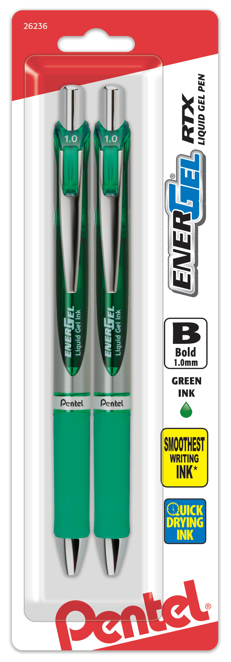 EnerGel RTX Retractable Liquid Gel Pen, (1.0mm) Metal Tip, Bold Line, Green Ink 2-Pk (BL80BP2D)