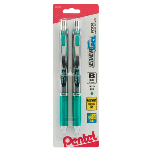 EnerGel RTX Retractable Liquid Gel Pen, (1.0mm) Metal Tip, Bold Line, Green Ink 2-Pk (BL80BP2D)