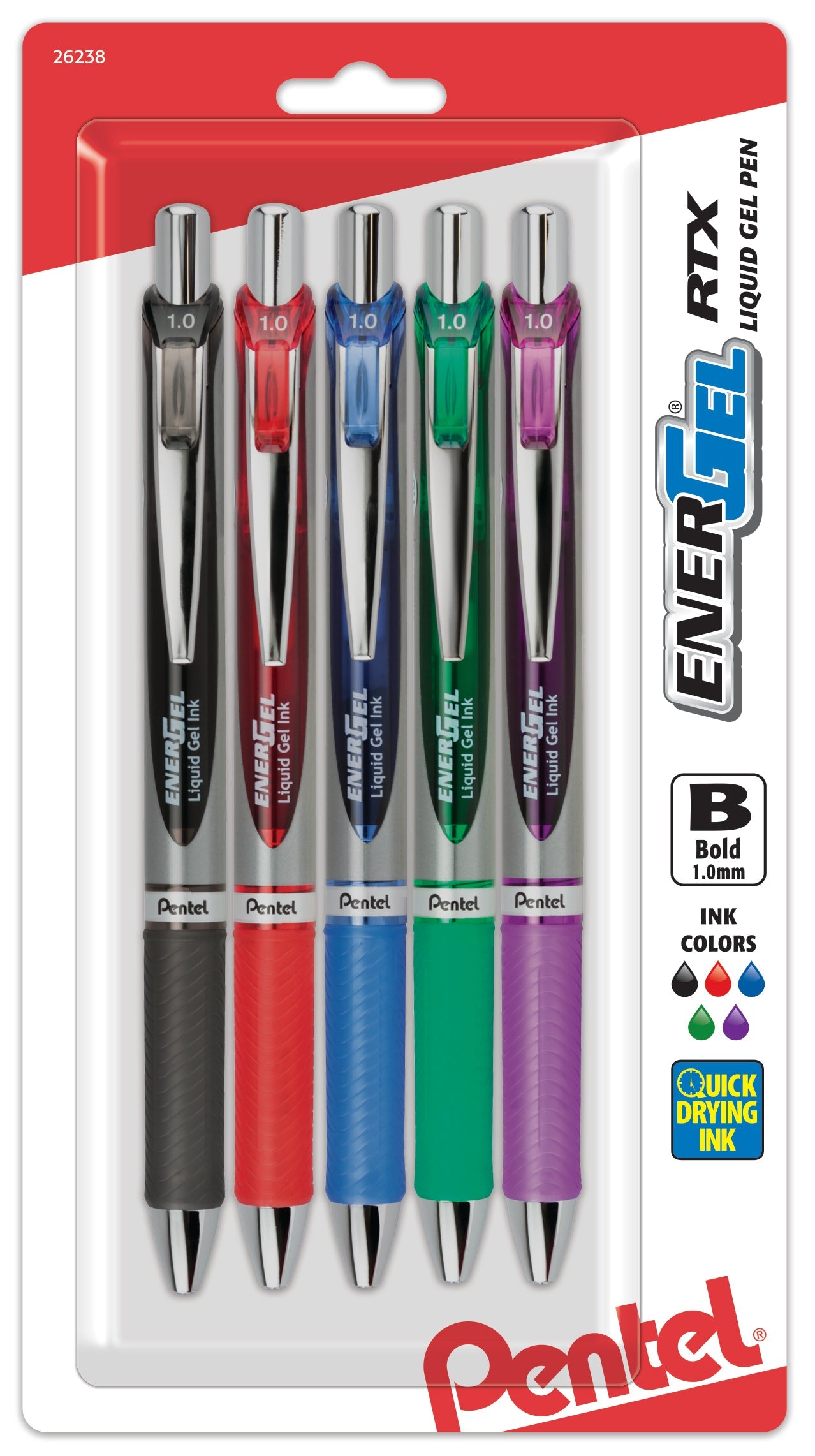 EnerGel RTX Retractable Liquid Gel Pen, (1.0mm) Metal Tip, Bold Line, Asstd Ink (A/B/C/D/V) 5-Pk (BL80BP5M)