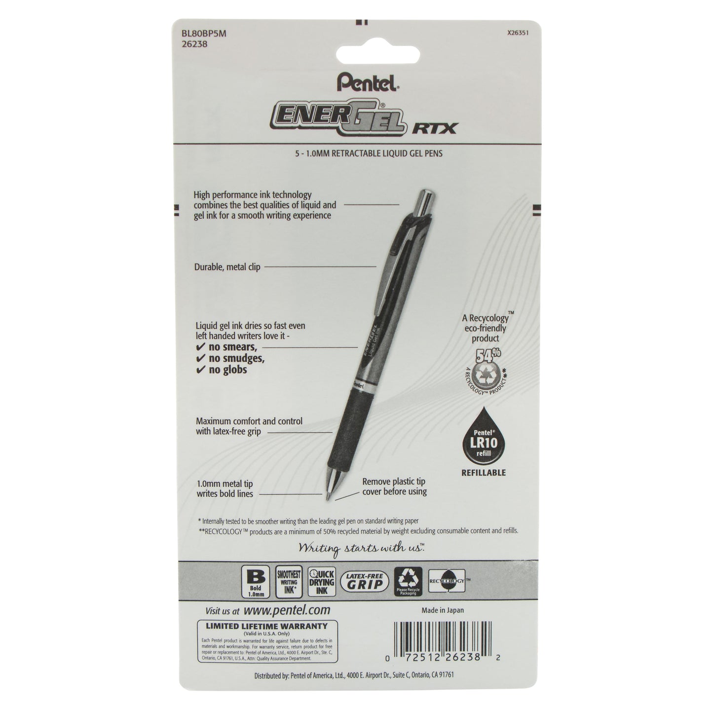 EnerGel RTX Retractable Liquid Gel Pen, (1.0mm) Metal Tip, Bold Line, Asstd Ink (A/B/C/D/V) 5-Pk (BL80BP5M)