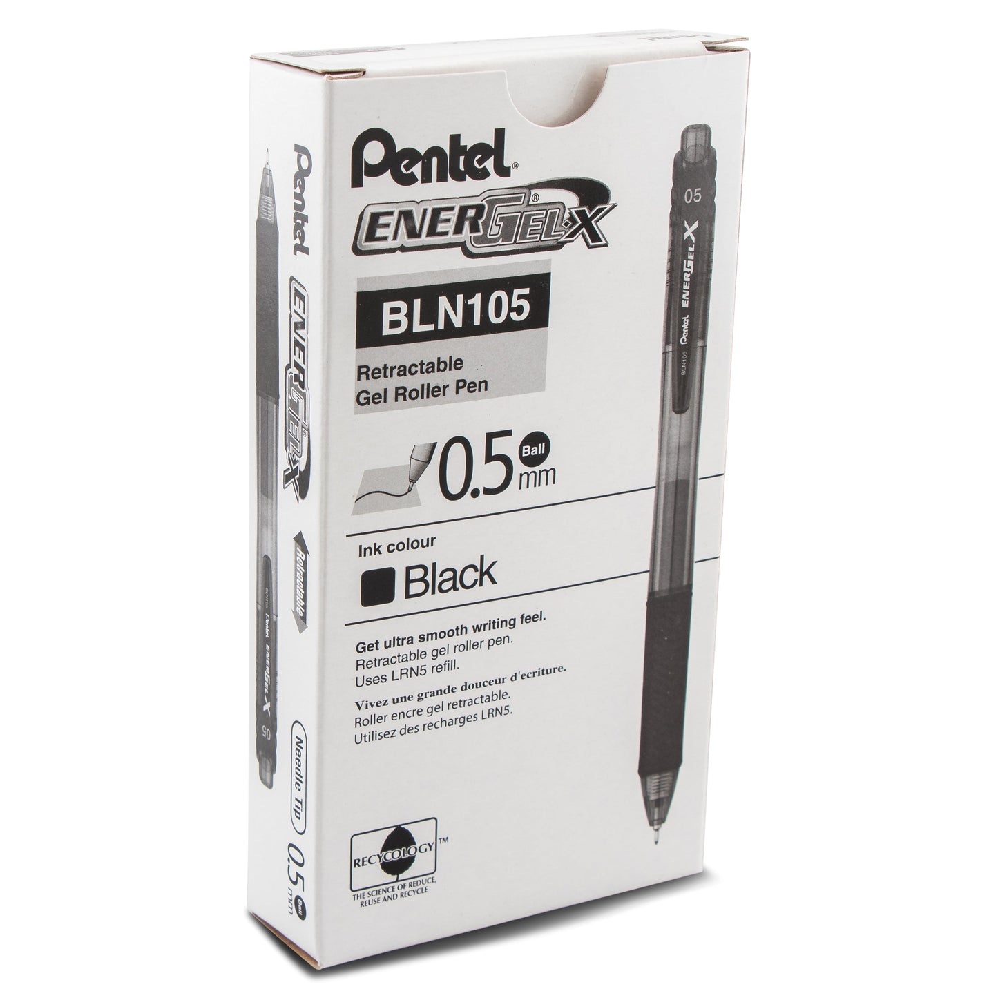 EnerGel-X Retractable Liquid Gel Pen, (0.5mm) Needle Tip, Fine Line, Black Ink (BLN105-A)