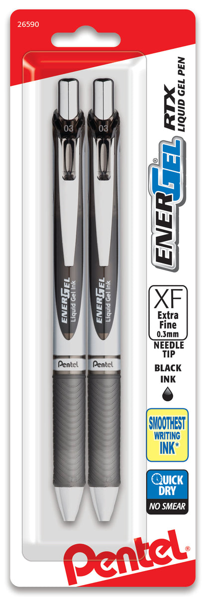 EnerGel RTX Retractable Liquid Gel Pen, (0.3mm) Needle Tip, Extra Fine Line, Black Ink, 2-Pk (BLN73BP2A)