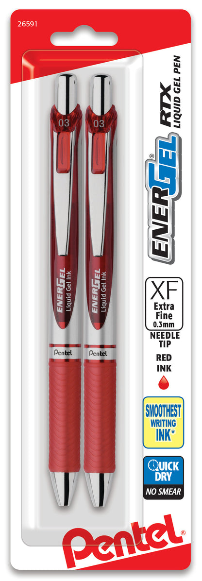 EnerGel RTX Retractable Liquid Gel Pen, (0.3mm) Needle Tip, Extra Fine Line, Red Ink, 2-Pk (BLN73BP2B)