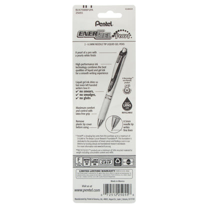 PINK BCA EnerGel Pearl Retractable (0.5mm) Needle Tip, Fine Line, Pink Accent, Black Ink 2-Pk (BLN75WBP2PA)