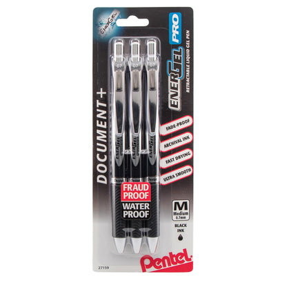 EnerGel PRO Permanent Gel Pen, (0.7mm) Medium Line, Black Ink, 3-Pk (BLP77BP3A)
