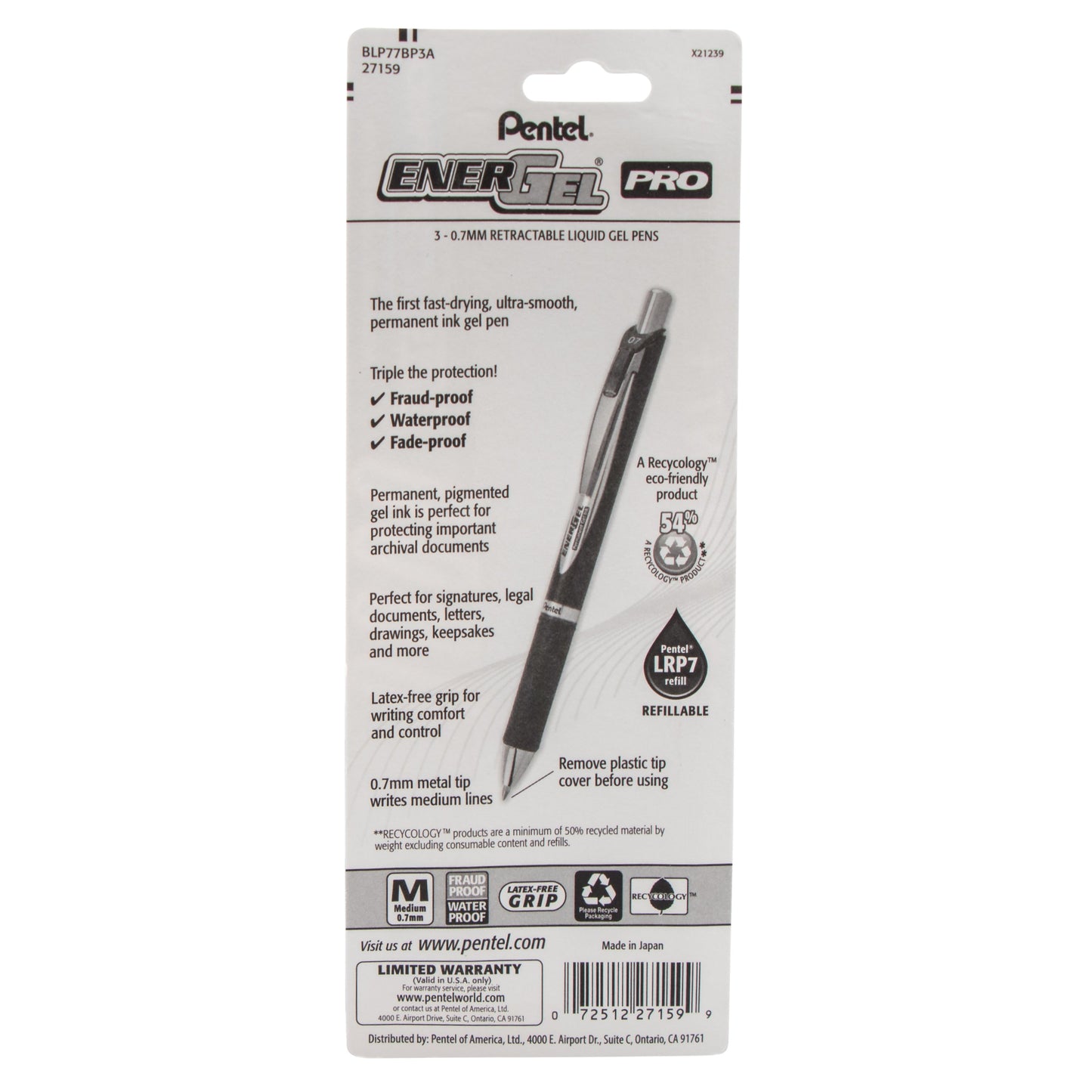 EnerGel PRO Permanent Gel Pen, (0.7mm) Medium Line, Black Ink, 3-Pk (BLP77BP3A)