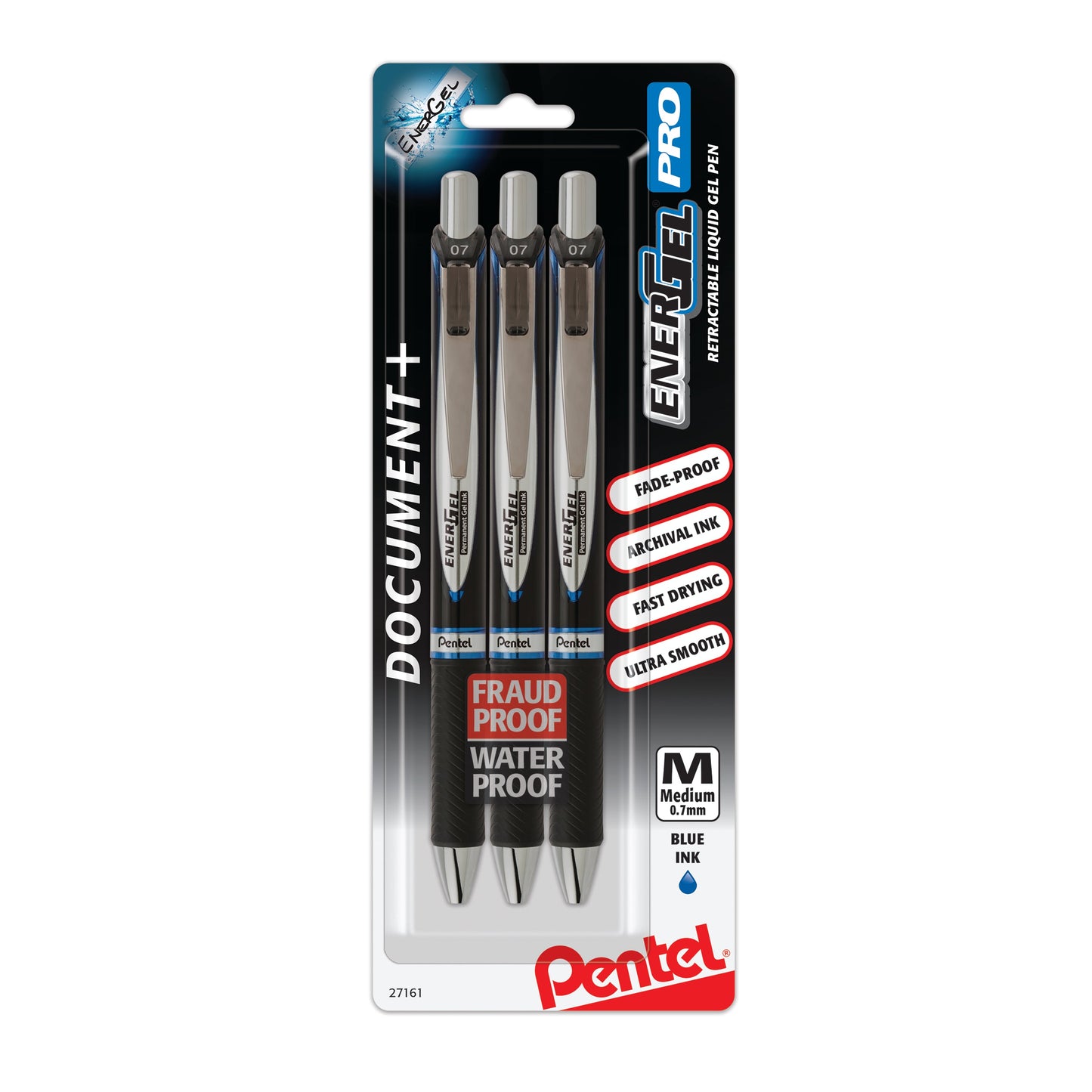 EnerGel PRO Permanent Gel Pen, (0.7mm) Medium Line, Blue Ink, 3-Pk (BLP77BP3C)