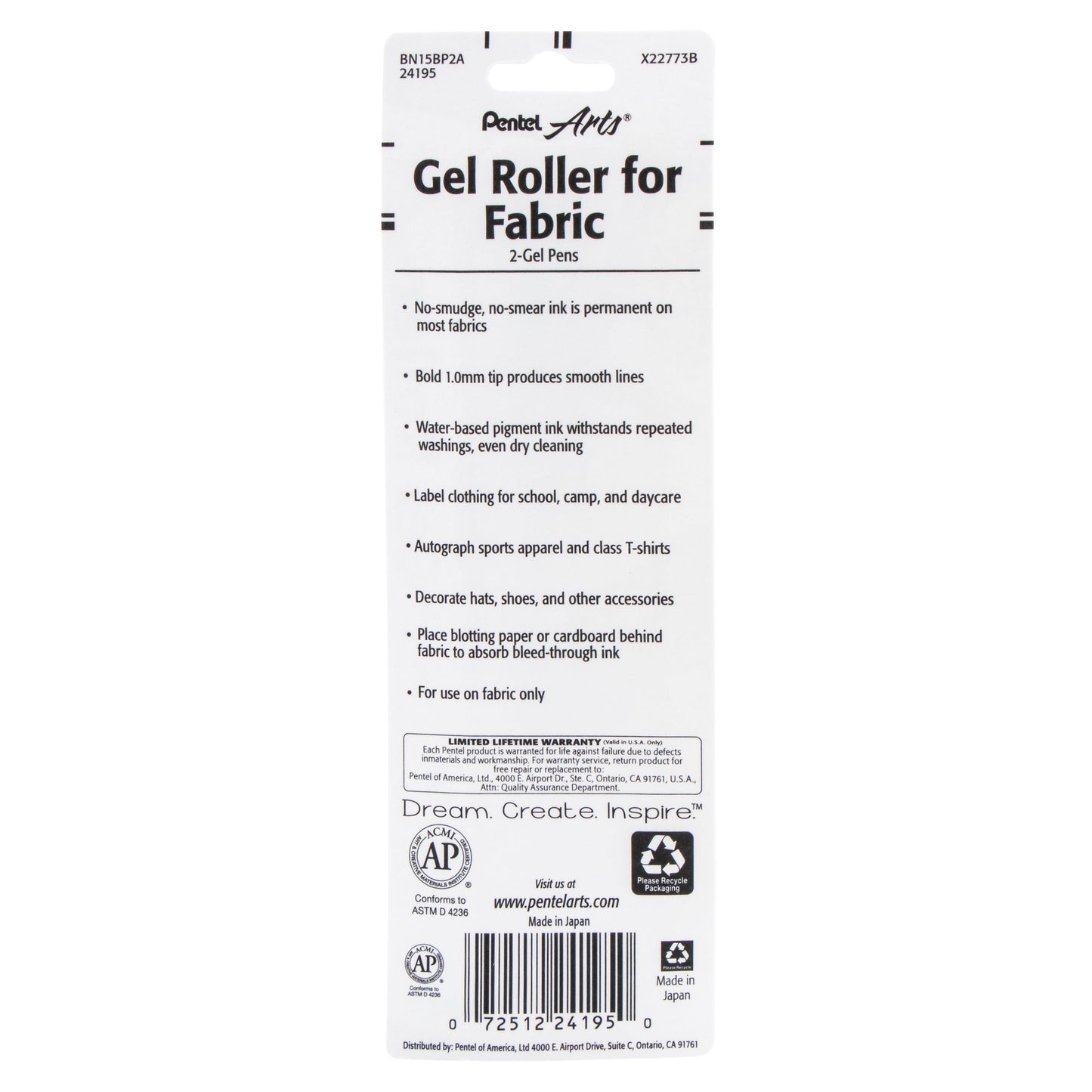Pentel Arts Gel Roller For Fabric, (1.0mm) Bold Lines, Permanent, Black Ink 2-Pk (BN15BP2A)