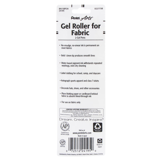Pentel Arts Gel Roller For Fabric, (1.0mm) Bold Lines, Permanent, Black Ink 2-Pk (BN15BP2A)