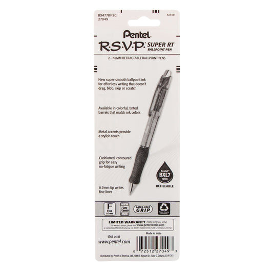 RSVP Super RT Ballpoint Pen, (0.7mm) Fine Line, Blue Ink, 2-Pk (BX477BP2C)