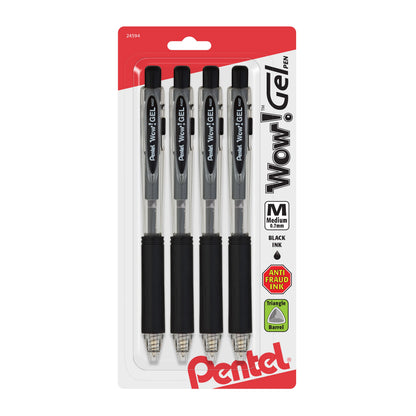 Wow! Gel Retractable Gel Pen, (0.7mm) Medium Line, Black Ink 4-Pk (K437CRBP4A)