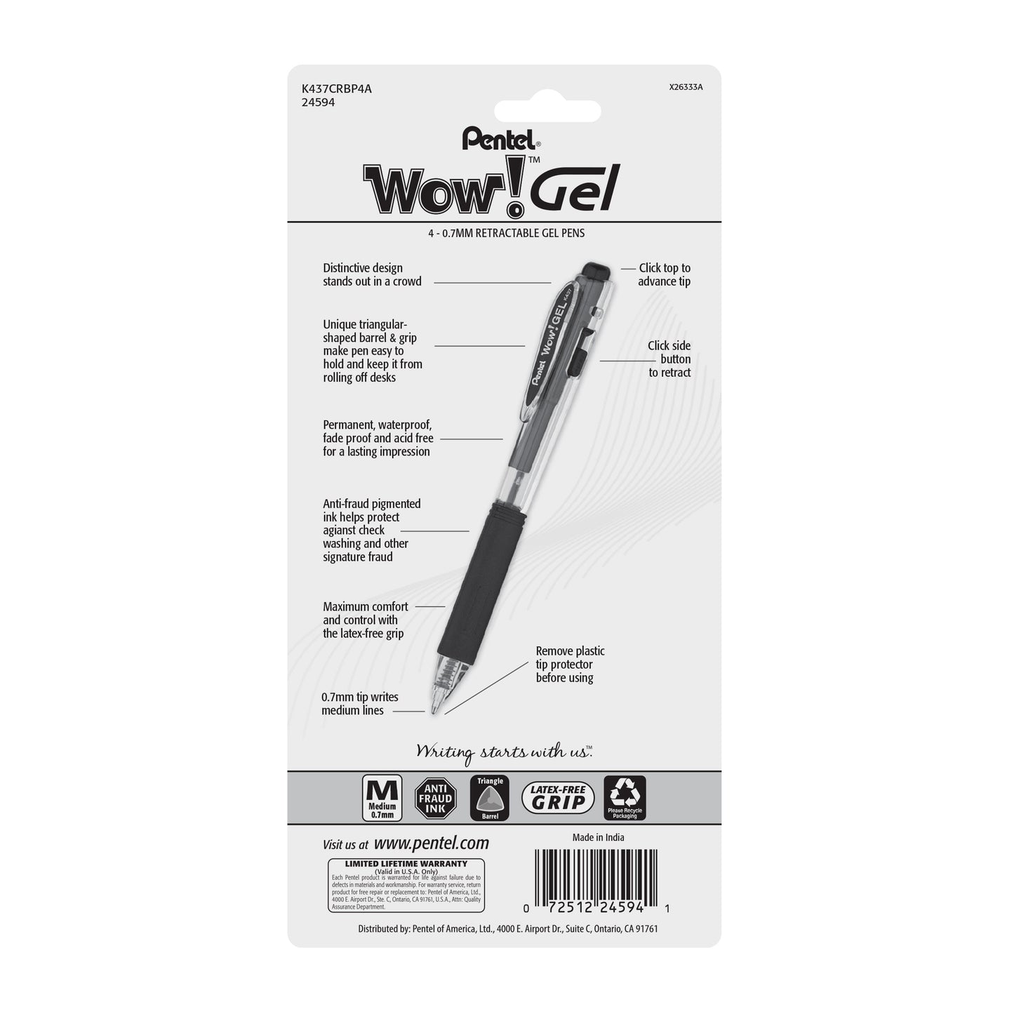 Wow! Gel Retractable Gel Pen, (0.7mm) Medium Line, Black Ink 4-Pk (K437CRBP4A)