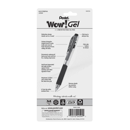 Wow! Gel Retractable Gel Pen, (0.7mm) Medium Line, Black Ink 4-Pk (K437CRBP4A)