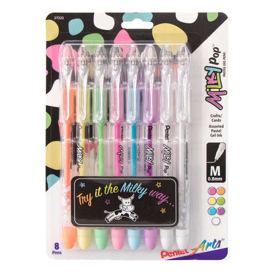 Pentel Arts Milky Pop Pastel Gel Pen, (0.8mm) Medium Line, Assorted Ink (F/G/K/P/S/V/2W), 8-Pk (K98PABP8M)