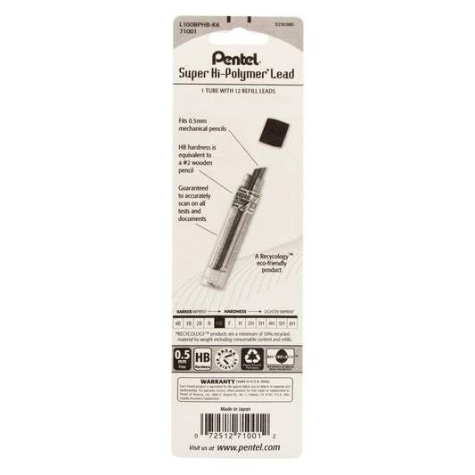 Pentel Super Hi-Polymer Lead Refill (0.5mm), HB 12 pcs/Tube 1-Pk (L100BPHB-K6), 144 Each