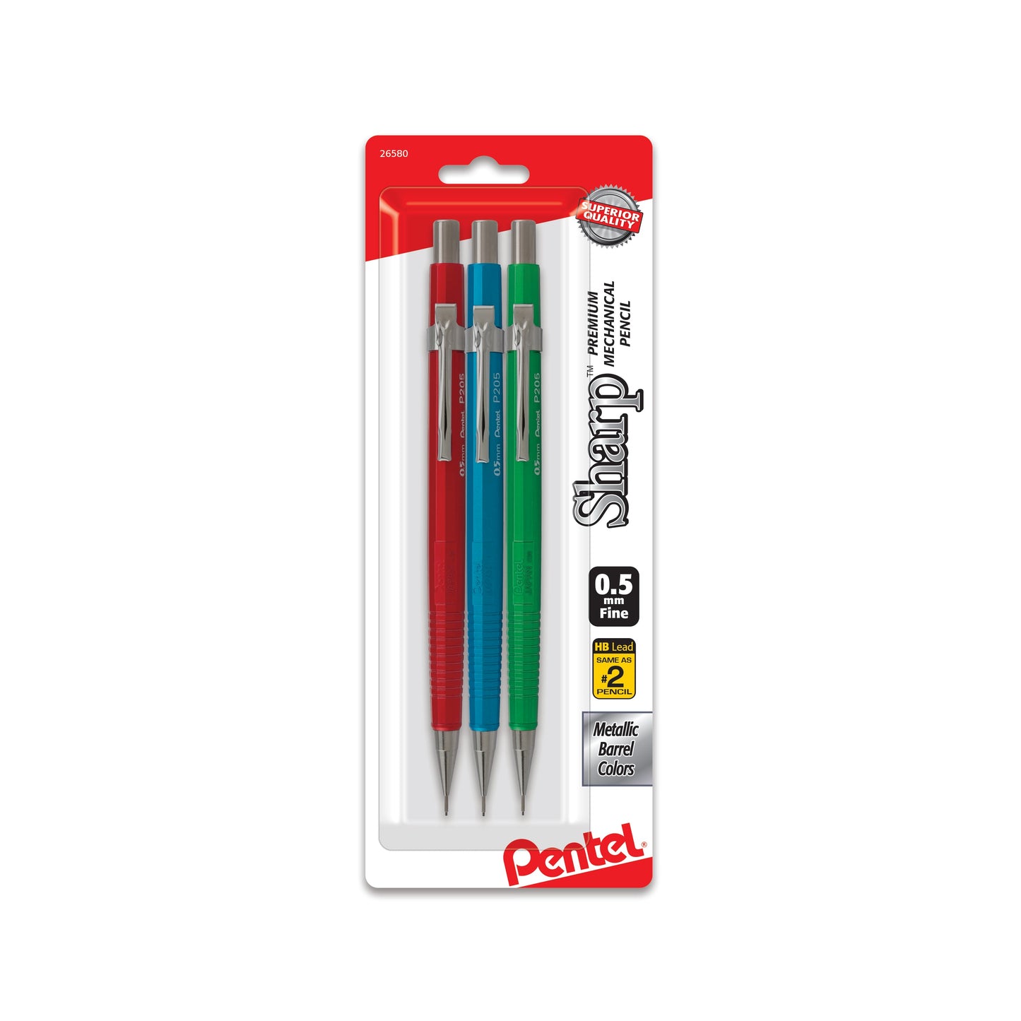 Sharp Mechanical Pencil, (0.5mm), Metallic Barrels, Assorted Colors (B/C/D), 3-Pk (P205MBP3M1)