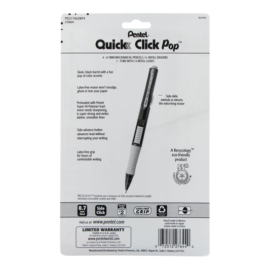 QUICK CLICK Pop Mechanical Pencil, (0.7mm) Medium 2B Lead, with 2B Lead and (4) Eraser Refills, 4-pk (PD217ALEBP4)