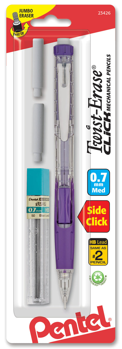 Twist-Erase CLICK Mechanical Pencil, (0.7mm) Clear Barrel, Asst Grip Colors
with Lead and (2) Erasers, 1-pk Carded (PD277TLEBP)