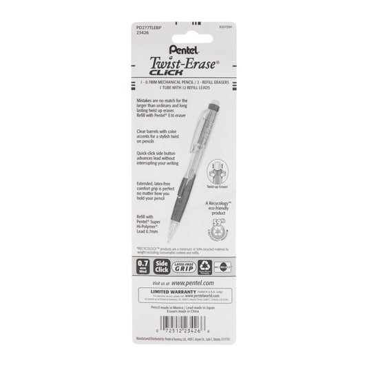 Twist-Erase CLICK Mechanical Pencil, (0.7mm) Clear Barrel, Asst Grip Colors
with Lead and (2) Erasers, 1-pk Carded (PD277TLEBP)